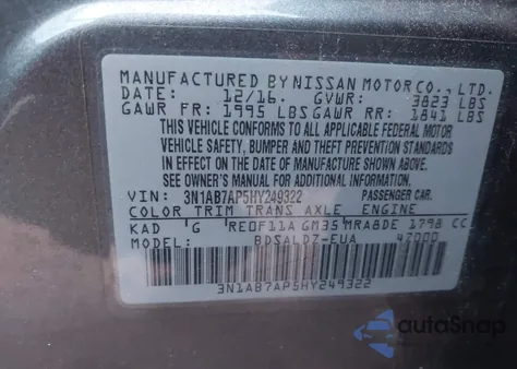 2017 Nissan Sentra Sv from USA, damaged, VIN 3N1AB7AP5HY249322